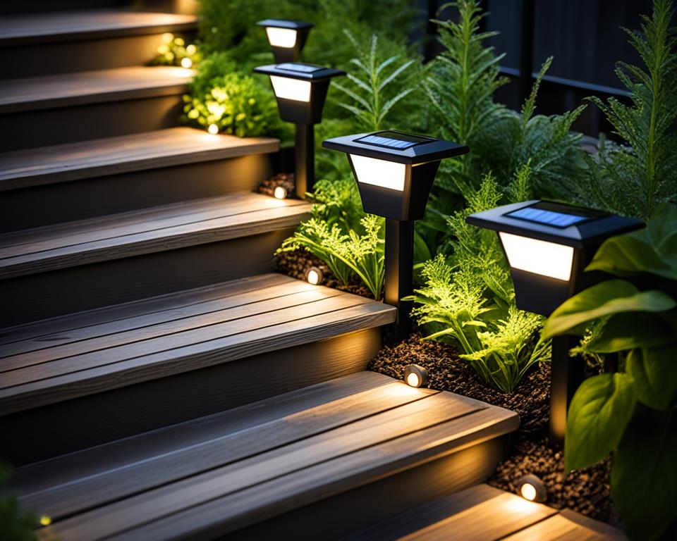 Solar deck lights on stairs and railings