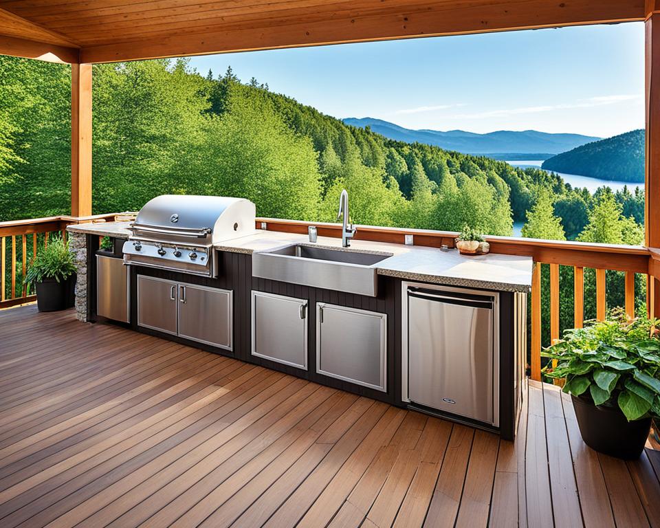 outdoor kitchen on deck with plants